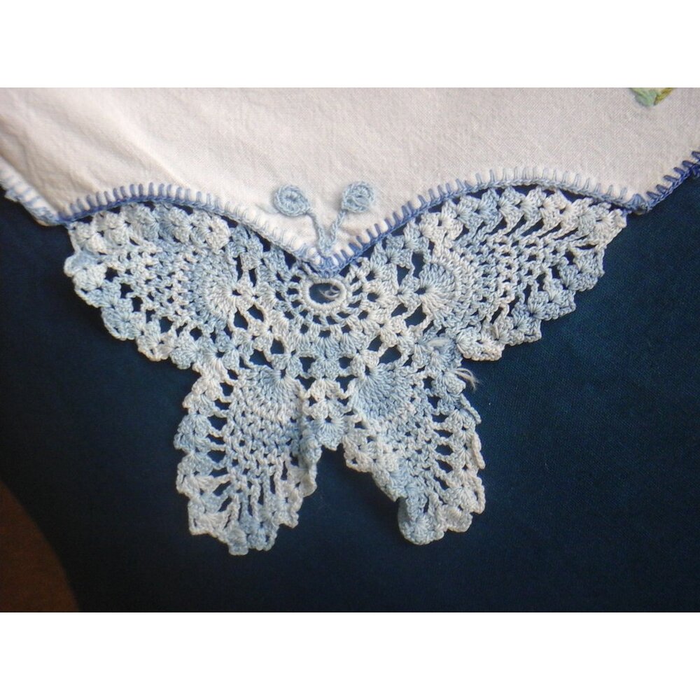 Vintage table runner dresser scarf with blue crocheted butterflies 34" x 15"